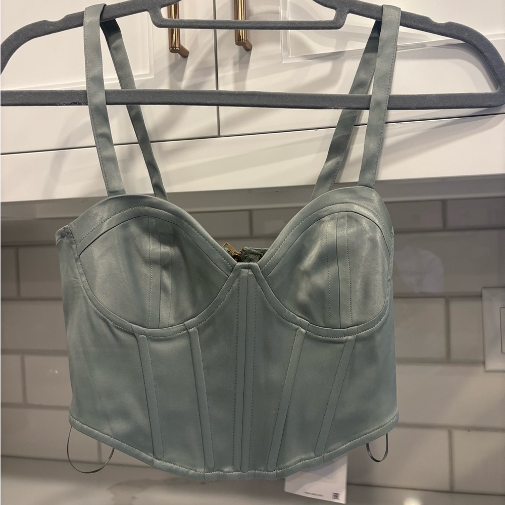 Zara Mint Green Faux-Leather Corset Crop Top